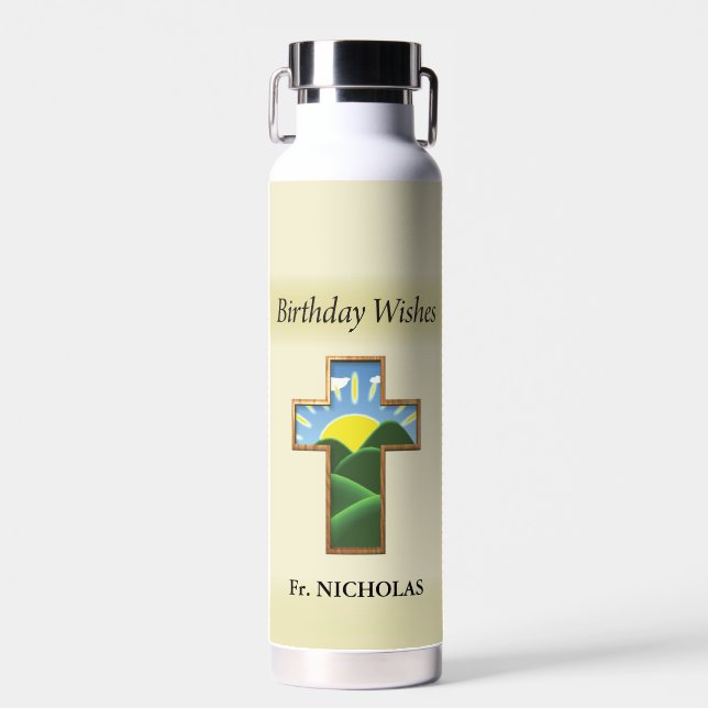 Birthday Cross Priest Personalized Water Bottle (Front)