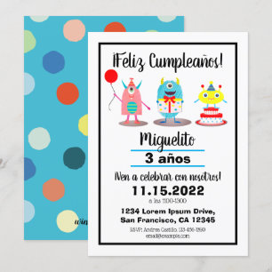 Birthday/Cumpleaños Spanish Colourful Monsters  Invitation