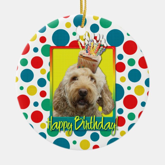 Birthday Cupcake - GoldenDoodle Ceramic Ornament (Front)