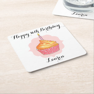 Birthday Cupcake Pink Personalized Square Paper Coaster