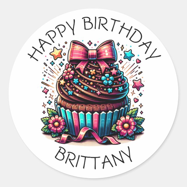 Birthday Cupcake Whimsical Personalized Classic Round Sticker (Front)