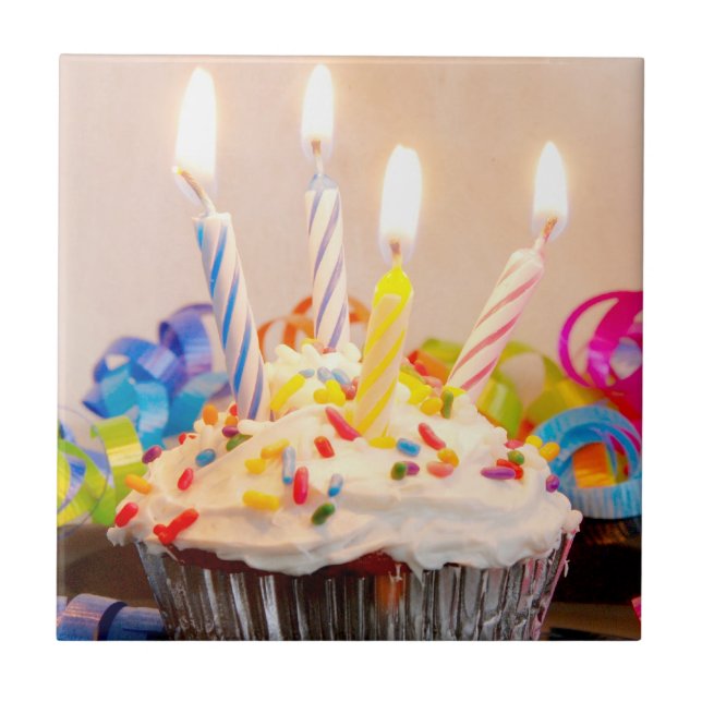 Birthday Cupcake with Candles Tile (Front)