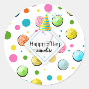 Birthday Cupcakes and Dots Monogram Classic Round Sticker