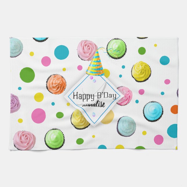 Birthday Cupcakes and Dots Monogram Kitchen Towel (Horizontal)