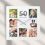 Birthday custom family photo collage milestone square wall clock<br><div class="desc">A wall clock as a gift for a 50th (or any age) birthday for a woman, celebrating her life with a collage of 7 of your photos. Personalize and add a name, age 50 and a date. Date of birth or the date of the anniversary. Black and gray colored letters....</div>