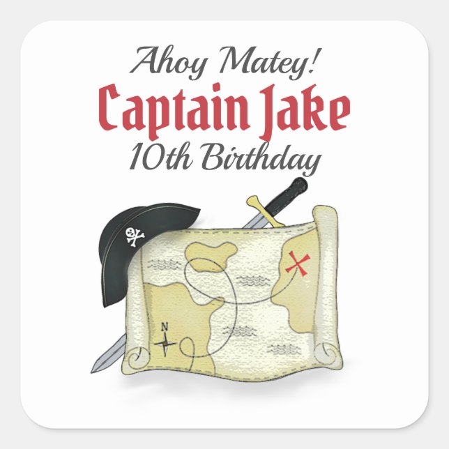 Birthday Custom Favours Typography Pirate Map Square Sticker (Front)