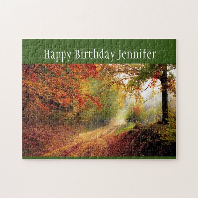Birthday Custom Name Autumn Fall Forest Trail  Jigsaw Puzzle (Horizontal)