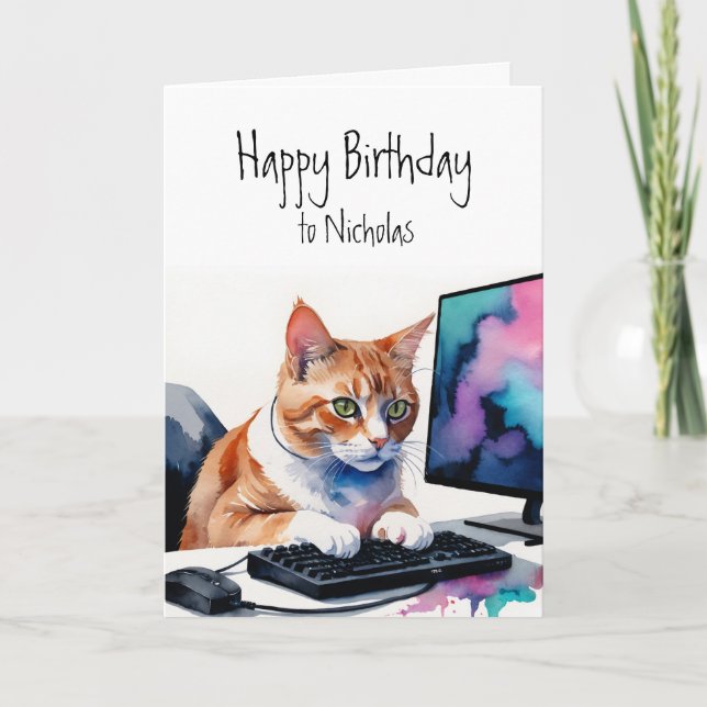 Birthday Custom Name Cat Gamer Computer Card (Front)