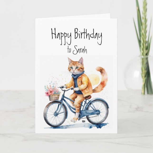 Birthday Custom Name Cat Riding a Bike Card (Front)