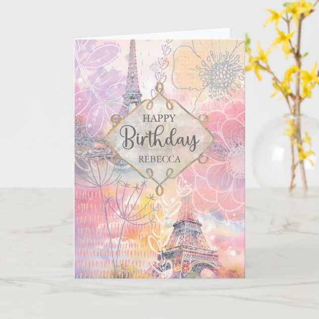 Birthday Custom Name Eiffel Tower Watercolor Card (Yellow Flower)