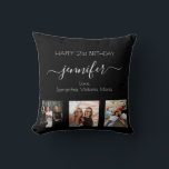 Birthday custom photo best friends black white throw pillow<br><div class="desc">A gift from friends for a woman's 21st birthday, celebrating her life with 3 of your photos of her, her friends, family, interest or pets. Personalize and add her name, age 21 and your names. White coloured letters. A chic classic black background colour. Her name is written with a modern...</div>
