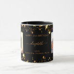 Birthday custom photo black gold best friends mug<br><div class="desc">A gift from friends for a woman's 21st (or any age) birthday. Personalize and 2 of your own photos, her name, age 21 and your names. Golden text. A chic, classic black background colour. Her name is written with a modern hand lettered style script with swashes. Decorated with faux gold...</div>