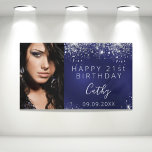 Birthday custom photo blue silver glitter banner<br><div class="desc">Celebrating a 21st (or any age) milestone birthday for a girl/woman. A dark blue background. The blue color is uneven. Decorated with faux silver glitter dust. Personalize and add your own photo of the birthday girl. Use a vertical/portrait size photo. The text: The name in gray with a modern hand...</div>