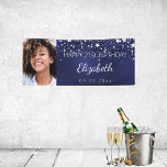 Birthday custom photo blue silver stars banner<br><div class="desc">Celebrating a 21st (or any age) milestone birthday for a girl/woman. A dark blue background. The blue colour is uneven. Decorated with faux silver stars. Personalize and add your own photo of the birthday girl. Use a vertical/portrait size photo. The text: The name in grey with a modern hand lettered...</div>