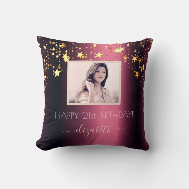 Birthday custom photo burgundy gold stars pink throw pillow (Front)