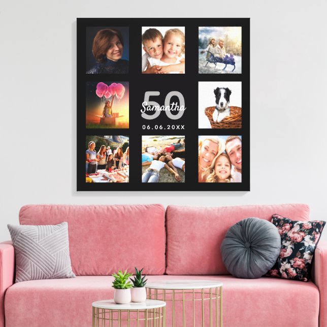 Birthday custom photo collage black monogram canvas print (Insitu(LivingRoom))