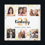 Birthday custom photo collage white friends  magnet<br><div class="desc">For a woman's 21st (or any age) birthday, celebrating her life with a collage of 6 of your high quality photos of her, her friends, family, interest or pets. Personalize and add her name, age 21 and a date. Black and golden text. A chic white background colour. Her name is...</div>