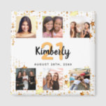 Birthday custom photo collage white friends  magnet<br><div class="desc">For a woman's 21st (or any age) birthday, celebrating her life with a collage of 6 of your high quality photos of her, her friends, family, interest or pets. Personalize and add her name, age 21 and a date. Black and golden text. A chic white background colour. Her name is...</div>