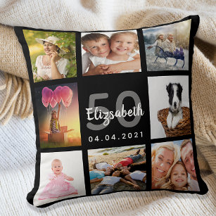 Birthday custom photo collage woman black throw pillow