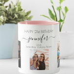 Birthday custom photo friend black white chic mug<br><div class="desc">A gift from friends for a woman's 21st birthday, celebrating her life with 3 of your photos of her, her friends, family, interest or pets. Personalize and add her name, age 21 and your names. Black coloured letters. A chic, classic white background. Her name is written with a modern hand...</div>