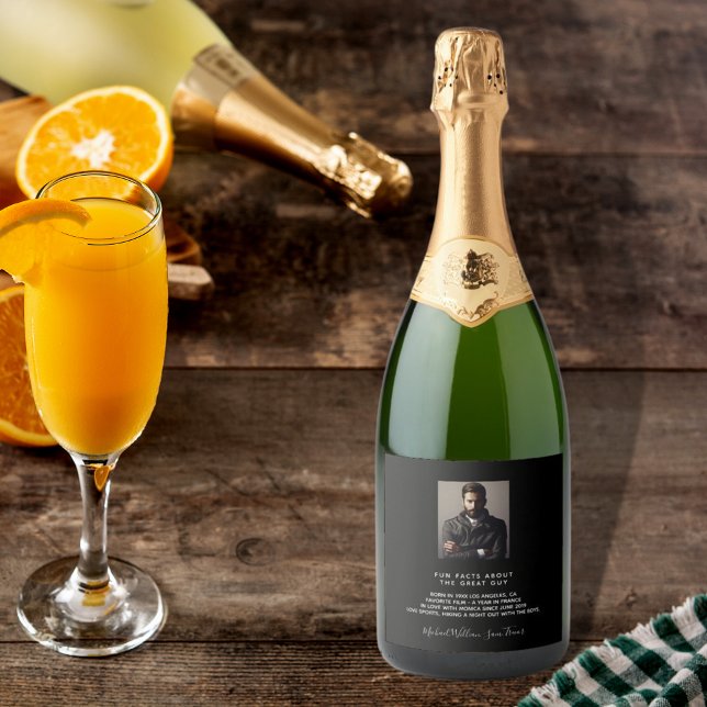 Birthday custom photo fun facts bio black guys man sparkling wine label (Creator Uploaded)