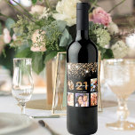 Birthday custom photo glitter black gold name wine label<br><div class="desc">For a 21st (or any age) birthday party, celebrating her life with a collage of 5 of your own photos. Personalize and add a name, age 21 and a date. Date of birth or the date of the party. White and golden coloured letters. Classic black background colour, decorated with faux...</div>