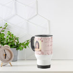 Birthday custom photo rose gold best friends travel mug<br><div class="desc">A gift from friends for a woman's 21st (or any age) birthday. Personalize and 2 of your own photos, her name, age 21 and your names. Dark rose gold text. A chic, feminine rose gold, pink background colour. Her name is written with a modern hand lettered style script with swashes....</div>