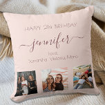Birthday custom photo rose gold blush pink friends throw pillow<br><div class="desc">A gift from friends for a woman's 21st birthday, celebrating her life with 3 of your photos of her, her friends, family, interest or pets. Personalize and add her name, age 21 and your names. Dark rose gold coloured letters. Girly and trendy rose gold, blush pink background colour. Her name...</div>