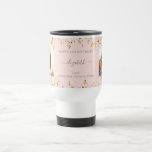 Birthday custom photo rose gold friends luxury travel mug<br><div class="desc">A gift from friends for a woman's 21st (or any age) birthday. Personalize and 2 of your own photos, her name, age 21 and your names. Dark rose gold text. A chic, feminine rose gold, pink background colour. Her name is written with a modern hand lettered style script with swashes....</div>