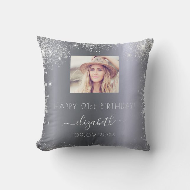 Birthday custom photo silver glitter dust monogram throw pillow (Front)