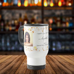 Birthday custom photo white gold best friends travel mug<br><div class="desc">A gift from friends for a woman's 21st (or any age) birthday. Personalize and 2 of your own photos, her name, age 21 and your names. Black text. A chic, classic white background colour. Her name is written with a modern hand lettered style script with swashes. Decorated with faux gold...</div>