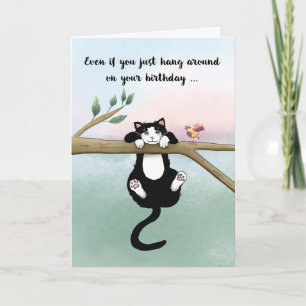 Birthday Cute Cat Hanging Around with Bird Card