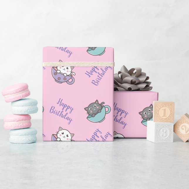 Birthday cute cat in the cup pink wrapping paper (Baby Shower)