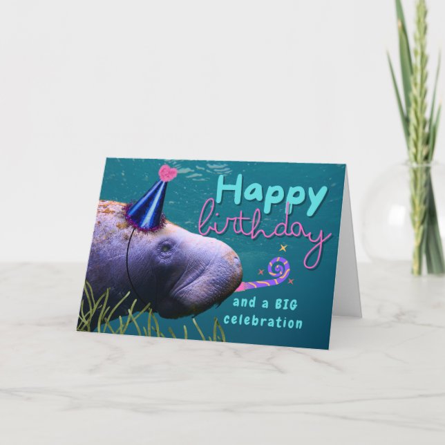 Birthday Cute Manatee at Party Card (Front)