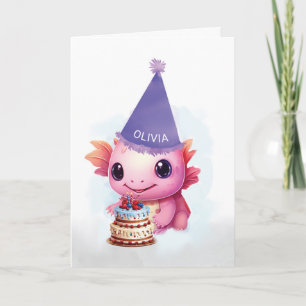 Birthday Cute Pink Axolotl with Purple Hat Card