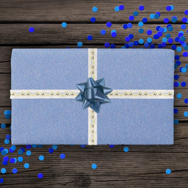 Birthday Cute Red Blue Birds Branch Yellow Flowers Satin Ribbon (Little red and blue birds pretty yellow flowers on white Happy Birthday gift wrap ribbon.)