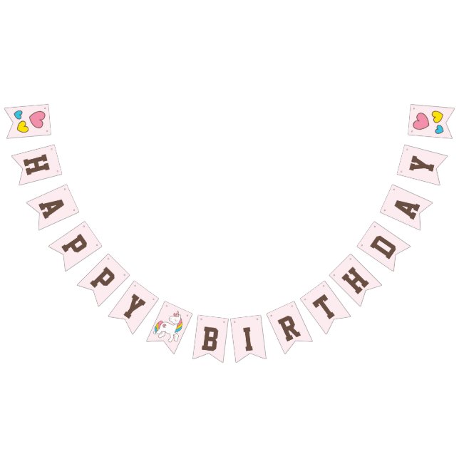 Birthday. Cute Unicorn with Cute Hearts. Add Name. Bunting Flags (All)