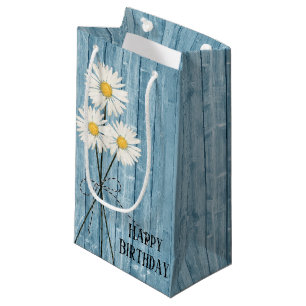 Birthday Daisies On Blue Wood Small Gift Bag