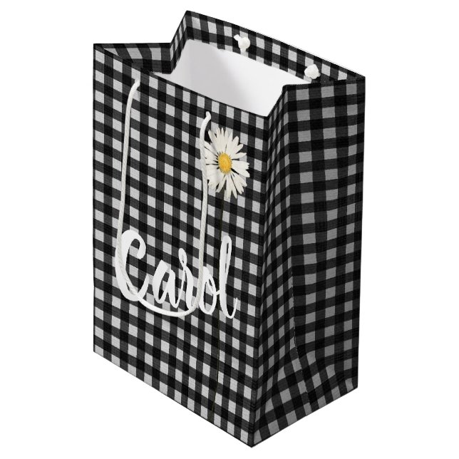 Birthday Daisy and Name On Gingham Medium Gift Bag (Front Angled)