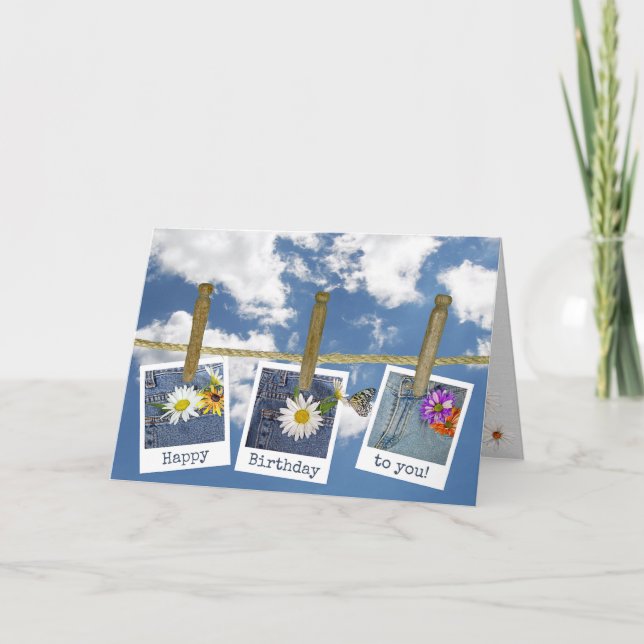 birthday daisy in photo frames on clothesline card (Front)