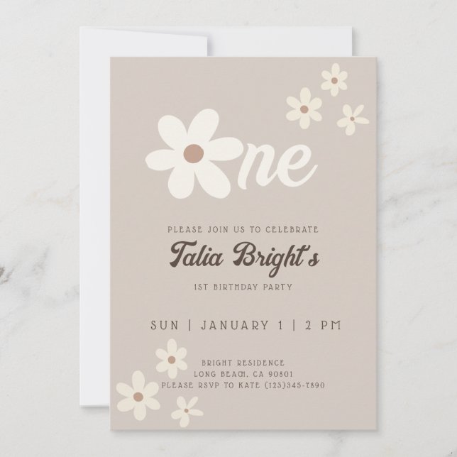 Birthday Daisy Natural Boho Retro Vibes  Invitation (Front)