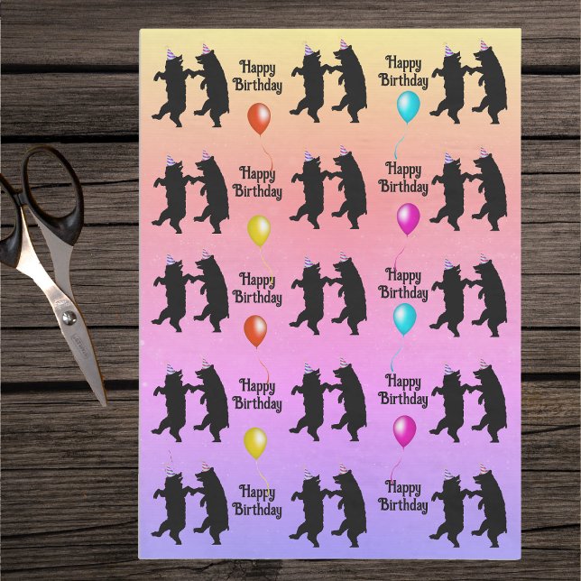 Birthday Dancing Black Bears Party Hats Balloons Tissue Paper (Black dancing bears in striped party hats colourful balloons in pastel colours Birthday tissue paper)