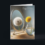Birthday Dandelion Reflection In a Mirror Card<br><div class="desc">A glass vase holds a vibrant yellow dandelion while a mirror reflects its fluffy white seed head.
Text can be changed.</div>