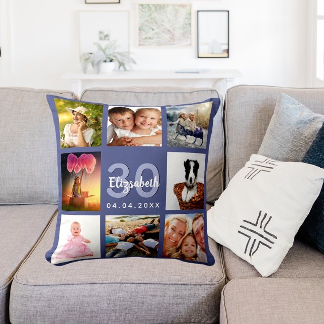 Birthday dark blue photo collage woman throw pillow (Creator Uploaded)
