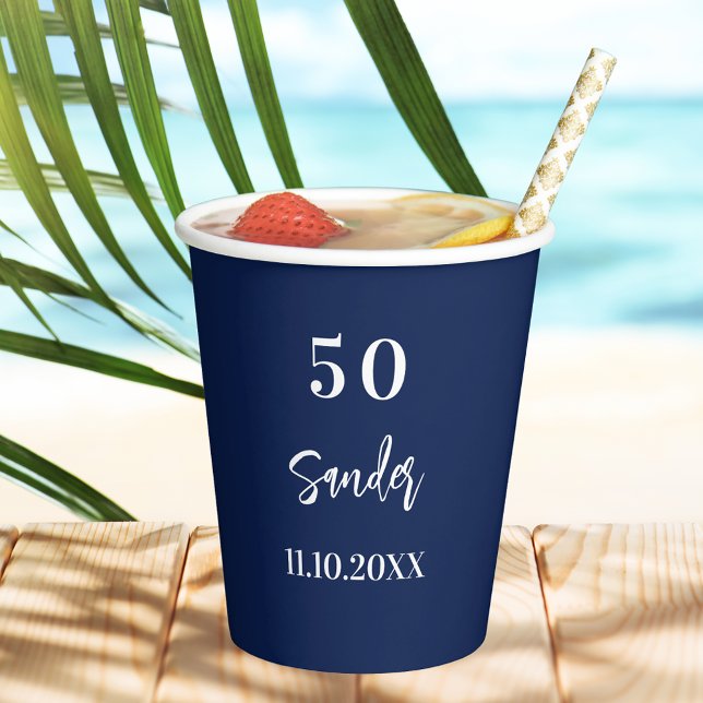 Birthday dark blue white script men paper cups (Creator Uploaded)