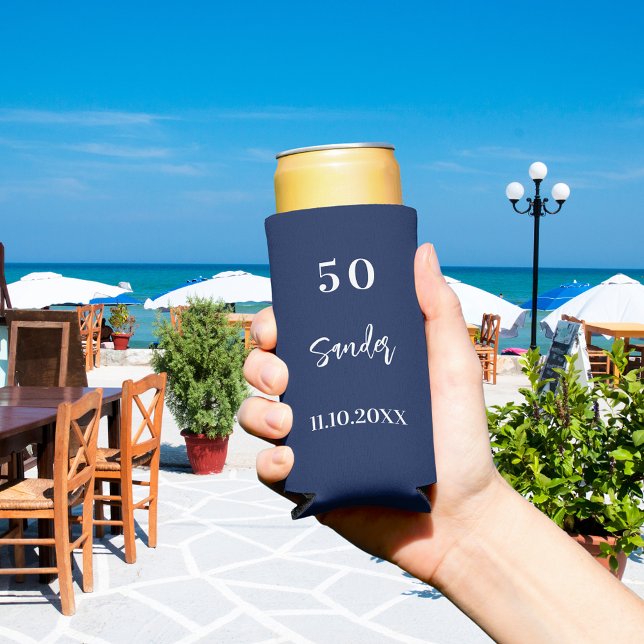 Birthday dark blue white script minimalist seltzer can cooler (Creator Uploaded)