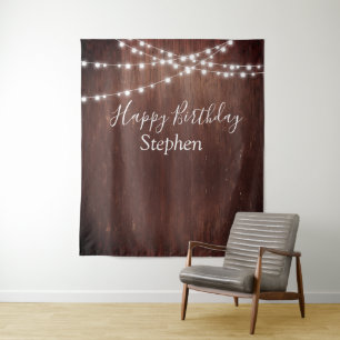 BIrthday Dark Rustic String Lights Wood Custom Tapestry
