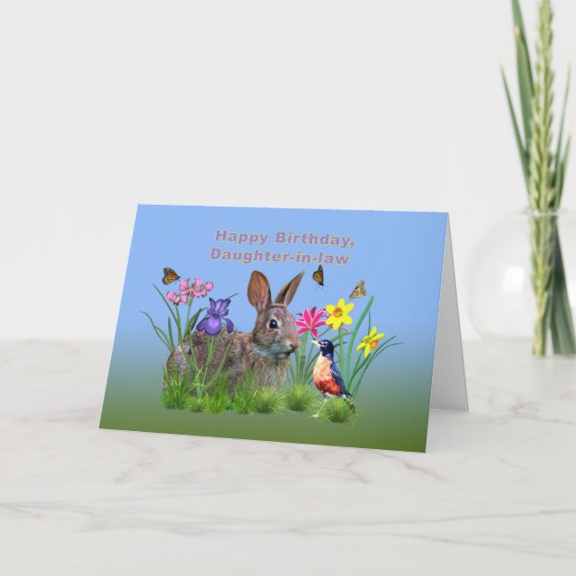 Birthday, Daughter-in-l, Bunny, Butterflies, Robin Card (Front)