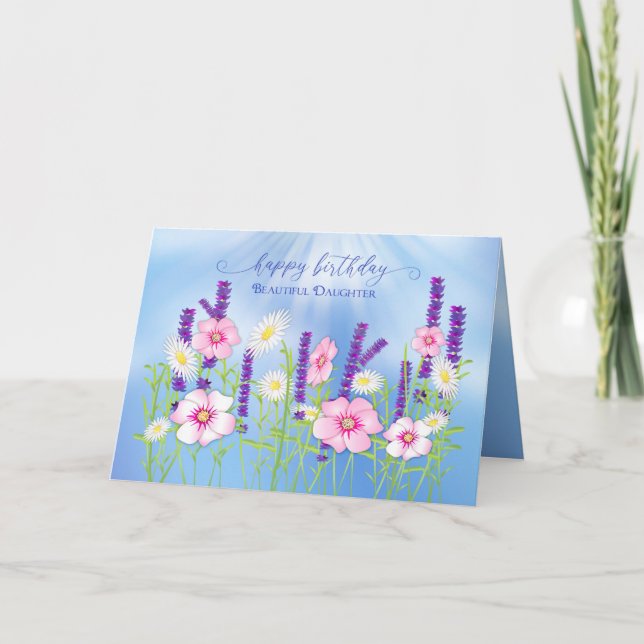 Birthday Daughter Soft Delicate Flower Garden Blue Card (Front)