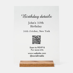 Birthday details 10th birthday scan QR websiteRSVP Acrylic Sign